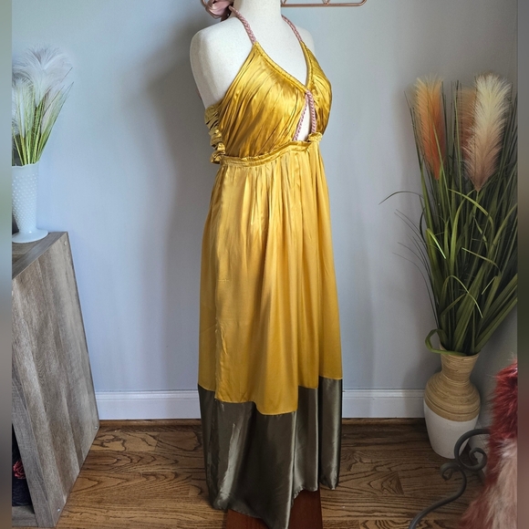 Anthropologie, New, Yellow Silk Colorblocked Silk Midi Halter Sun Dress, Size 14 - Picture 7 of 16